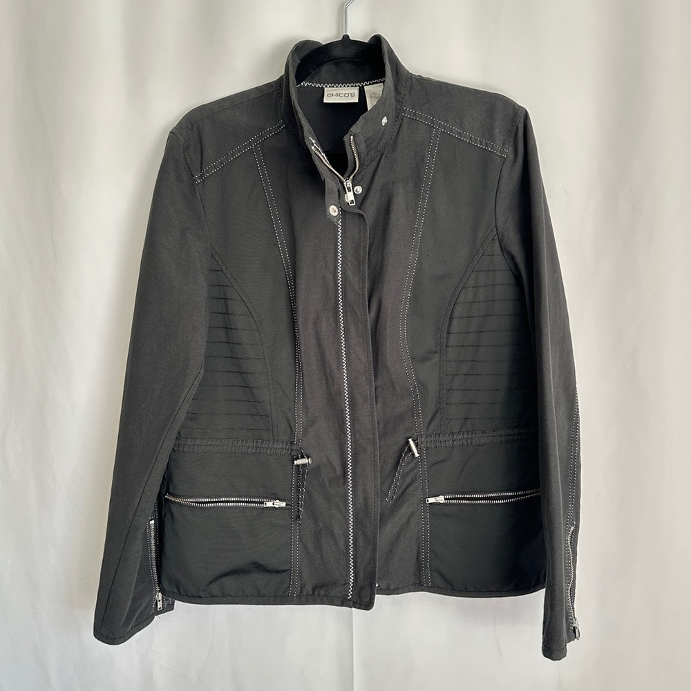 90s Vintage Chicos Women's Black Full Zipper Jacket Mock High Neck sz M